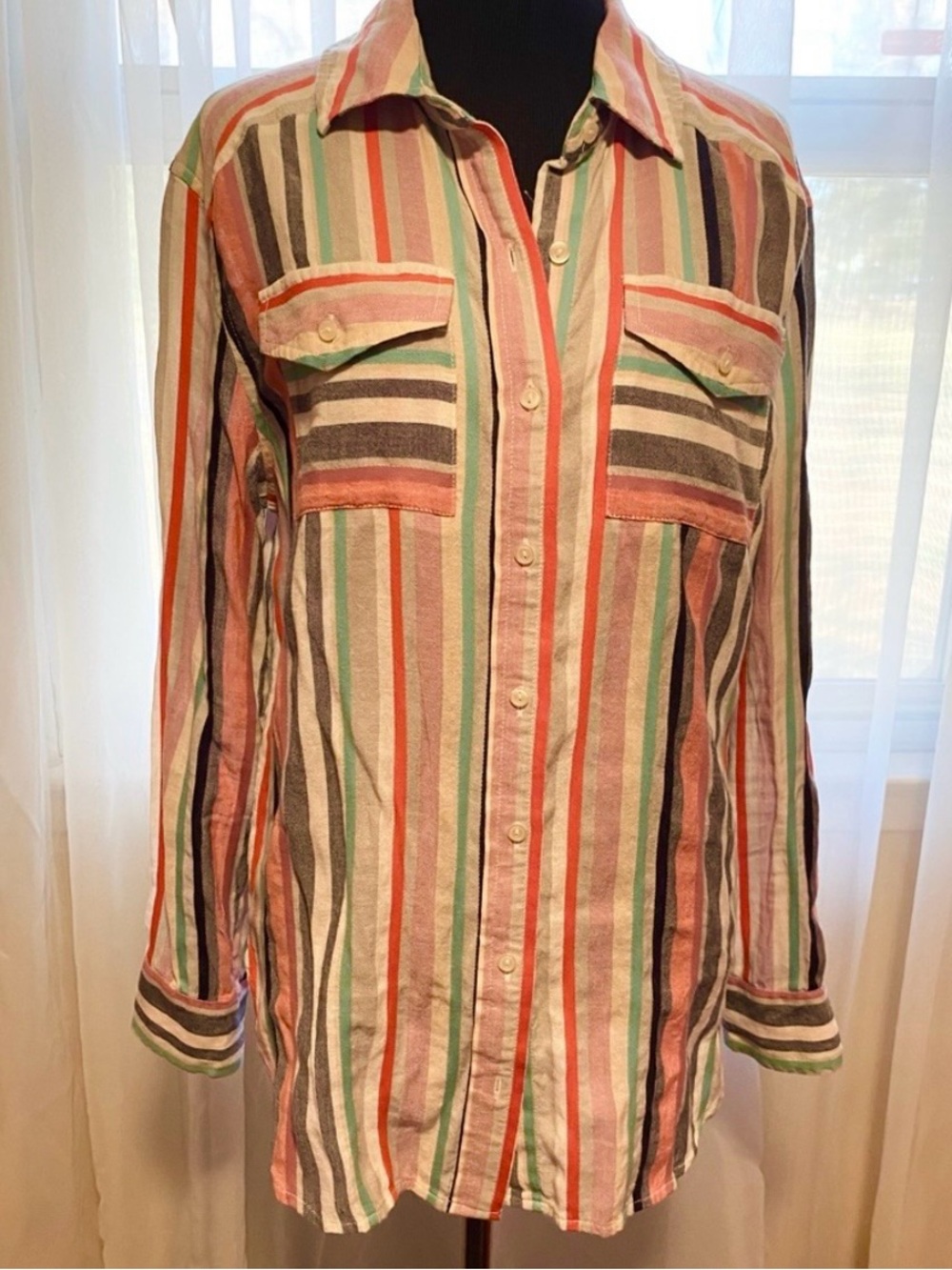 Caslon Muted Pastel Striped Linen Blend Oversized Tunic Button Down Shirt Size M
